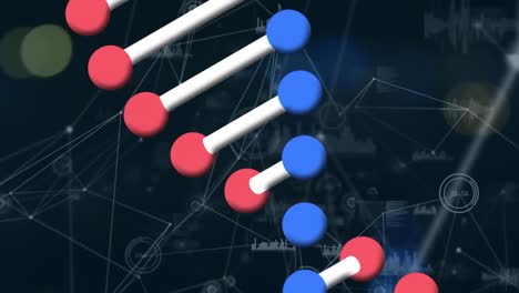 animation of dna structure spinning over network of connections and data processing