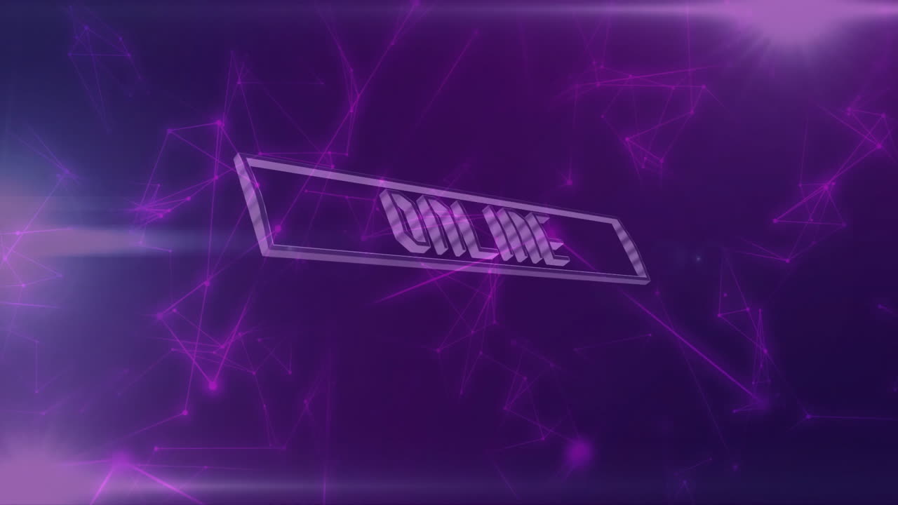 Purple geometric network animation in background with online text displayed