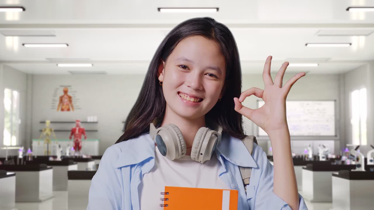 과학 실험실에 서 있는 동안 미소 짓고 은 몸짓을 보여주는 뒷바닥과 몇 권의 책을 가진 아시아 십대 소녀 학생의 클로즈업