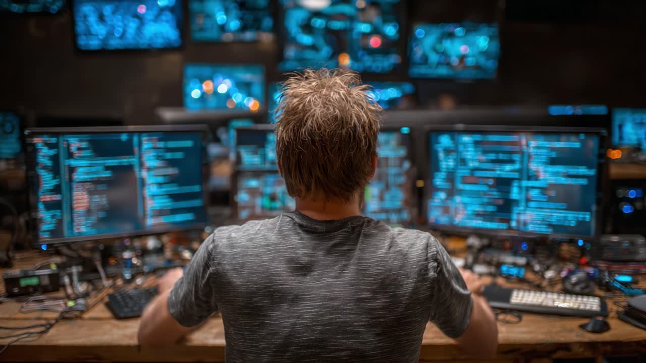 A focused programmer immersed in coding and data analysis, surrounded by multiple screens displaying intricate computer algorithms and tech interfaces in a high-tech environment