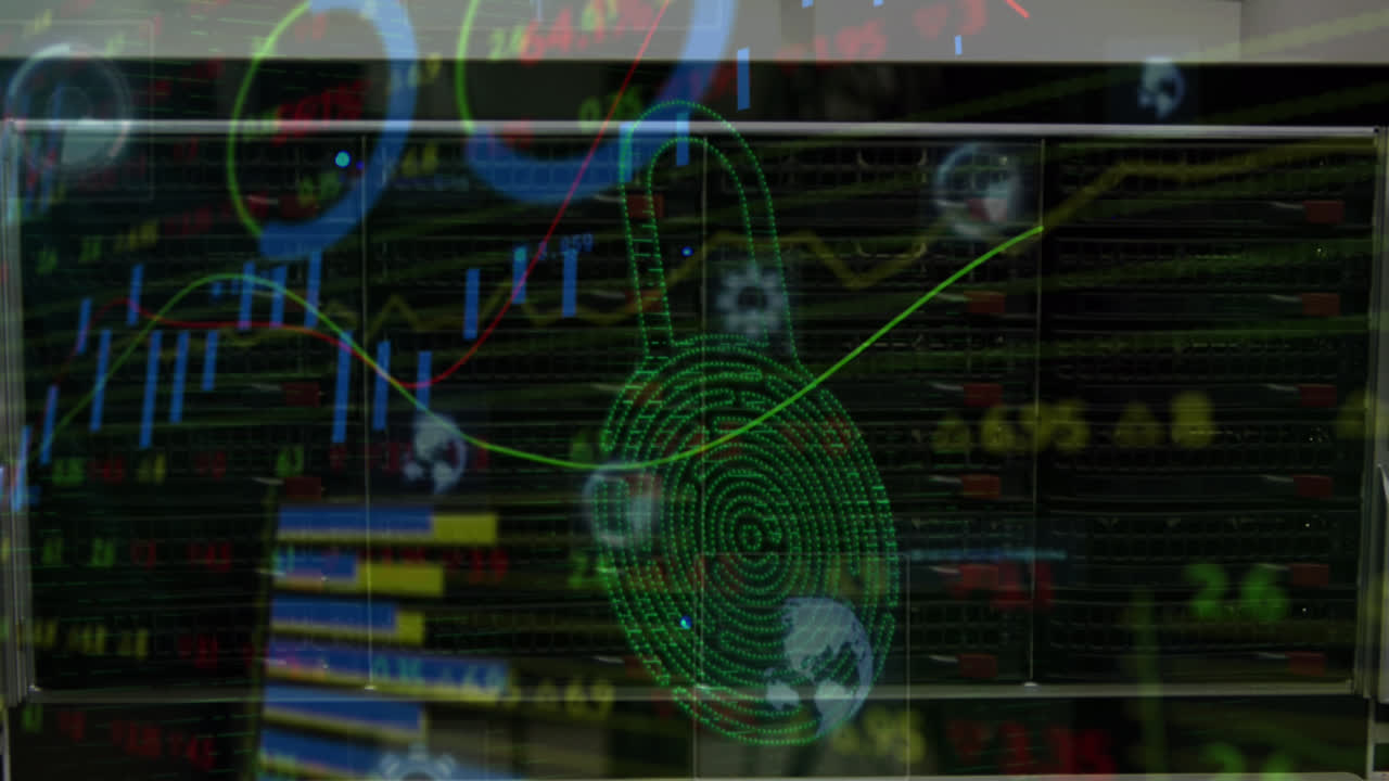 Animation of graphs, trading board, loading circles and fingerprinted padlock over server rack