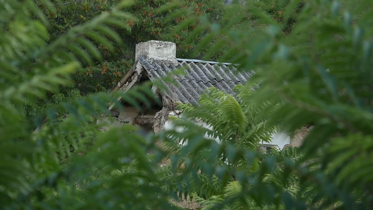 View of the roof and chimney of a ruined house in the village of Otiñar, Jaén