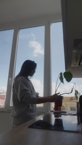 woman taking care of houseplants in a kitchen