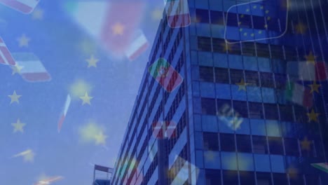 animation of multiple countries flag and european union flag against tall buildings