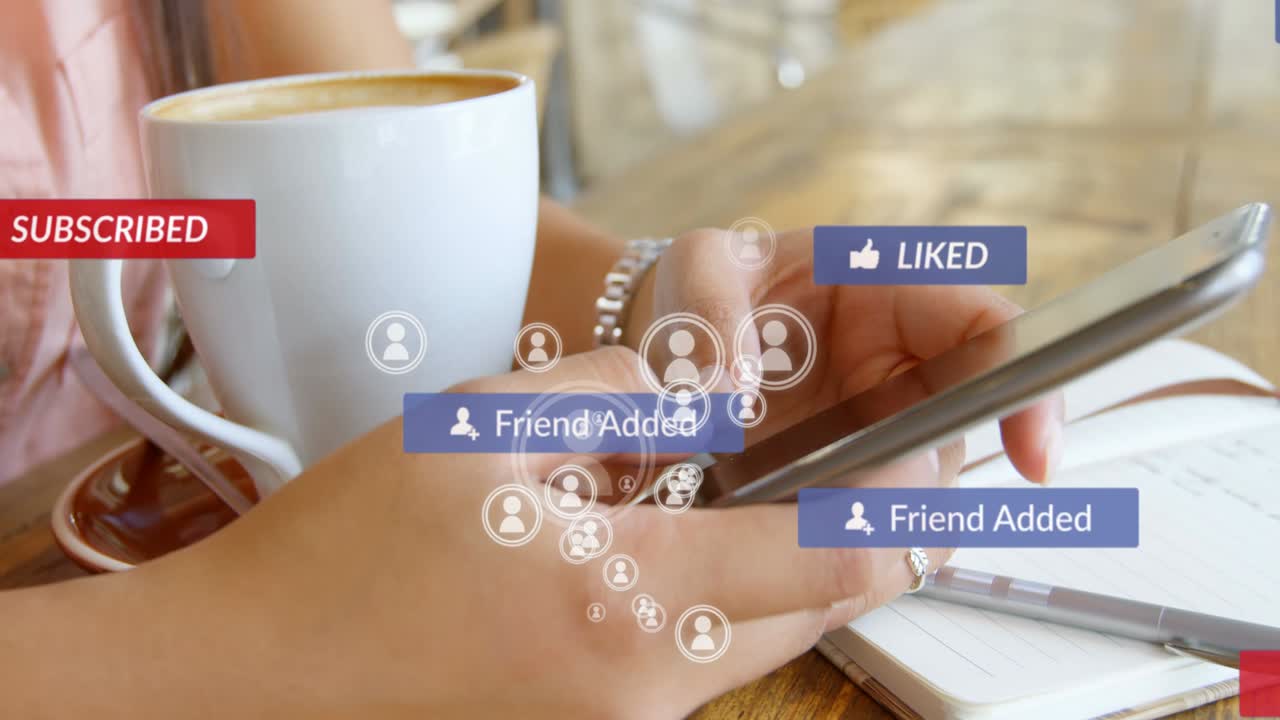 Animation of falling social media icons over women using smartphone