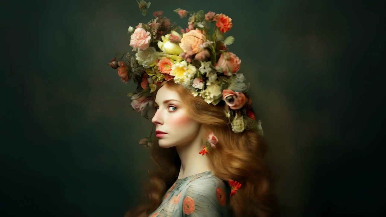Ethereal Woman with Red Hair and Floral Crown Slowly Turning
