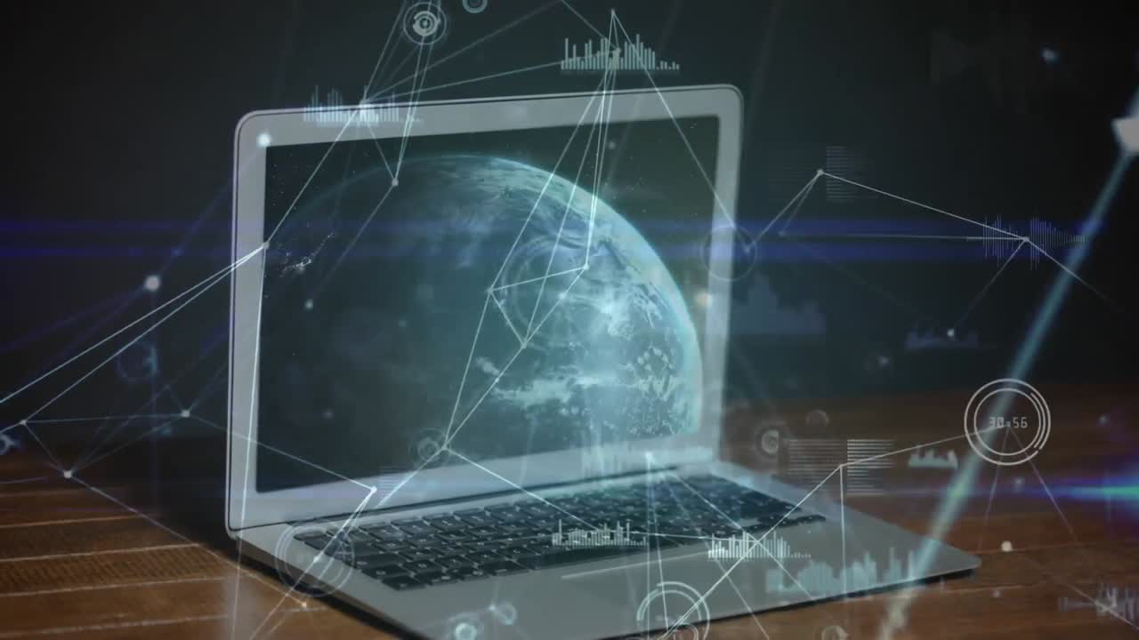 animación de las conexiones de red con el globo en la pantalla de la computadora