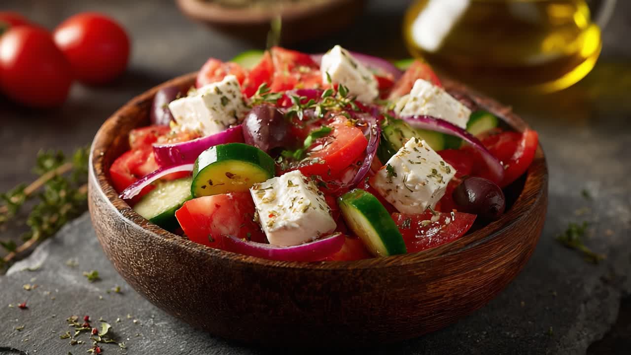 Fresh and Vibrant Greek Salad with Tomatoes, Cucumbers, Olives, Onions, and Feta Cheese, Perfectly Garnished with Oregano and Olive Oil