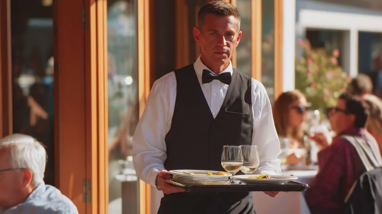 waiter serving food and drinks at restaurant