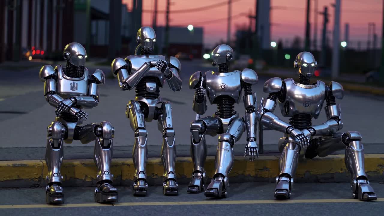 도시 에서 황혼 을 맞이 하는 도로 위 에 앉아 있는 네 명 의 로