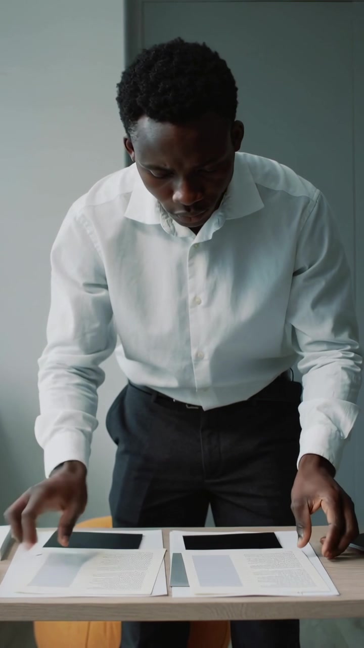 Vidéo verticale : Penché en avant, homme en chemise blanche triant des impressions à une table de bureau pour examen.