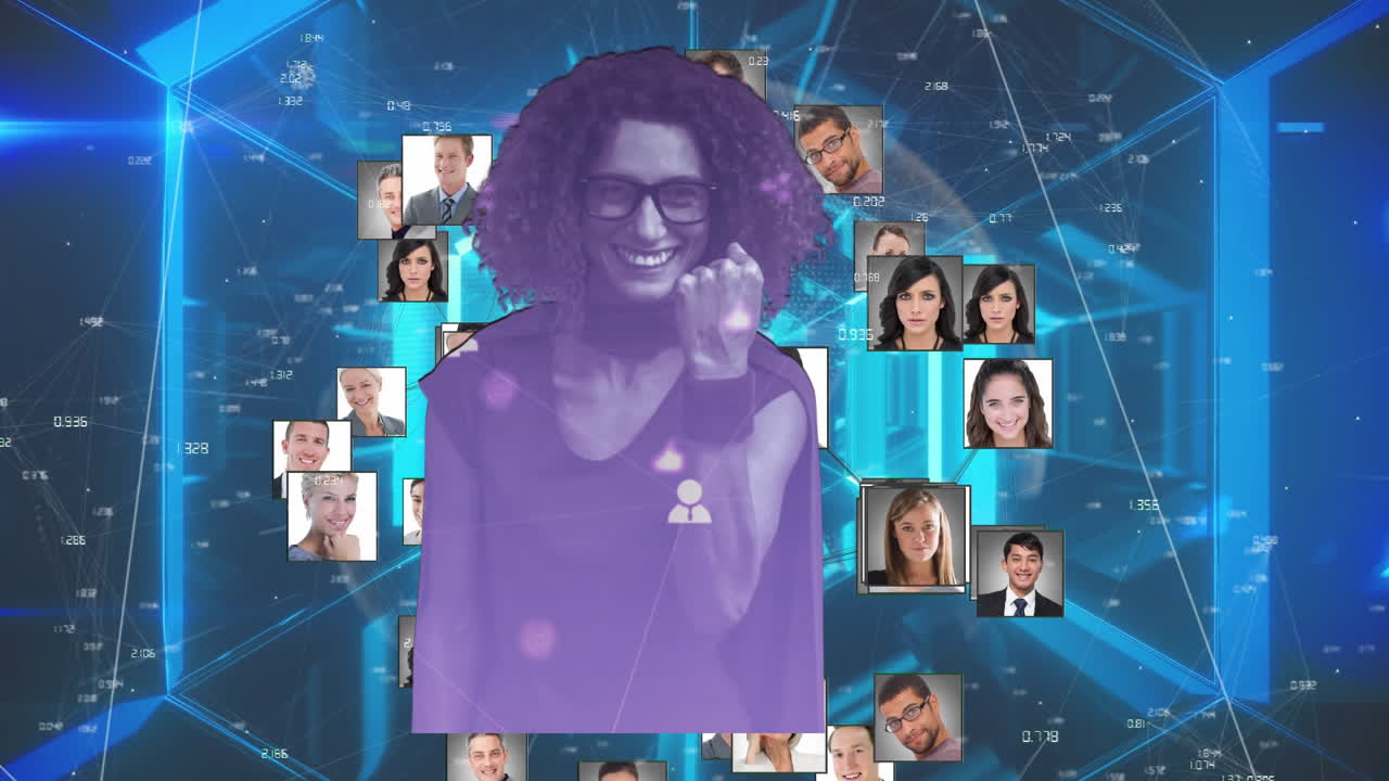 retrato de una mujer y un globo de iconos de perfil contra un túnel brillante