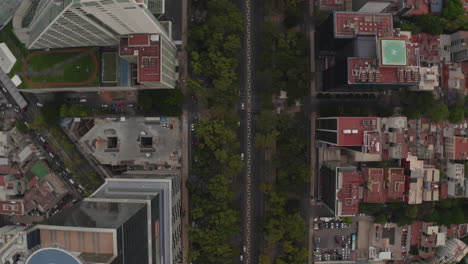 Aerial-view-of-straight-boulevard-surrounded-by-tall-modern-office-buildings.-Camera-view-quickly-tilt-down-to-top-down-view-of-street.-Mexico-city,-Mexico.