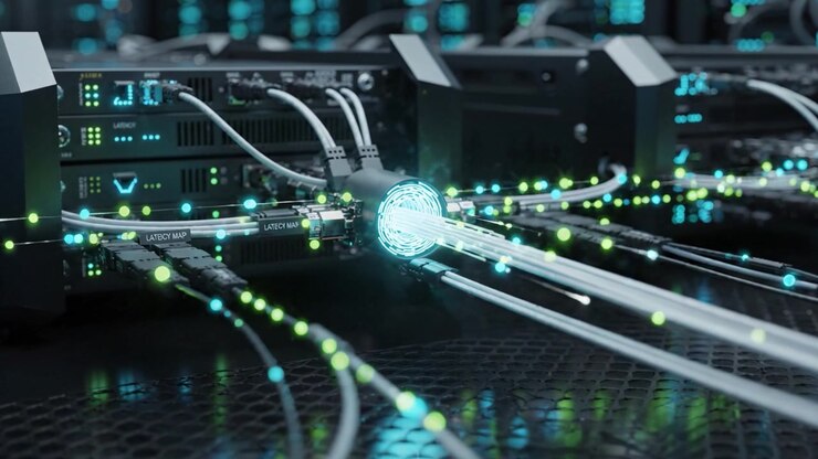 Advanced Data Transmission and Connectivity in a Modern Server Environment Featuring High-Tech Cables and Illuminated Components in a Dark, Futuristic Setting.