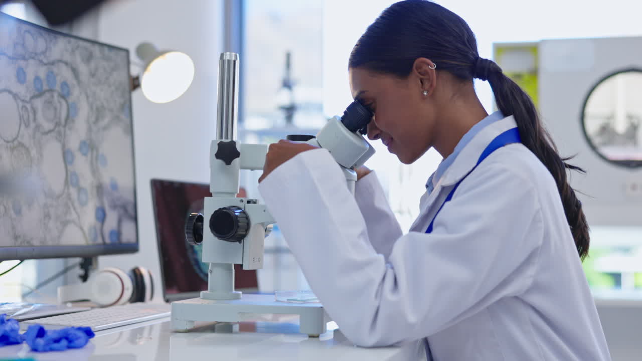 Medical, microscope check and woman scientist
