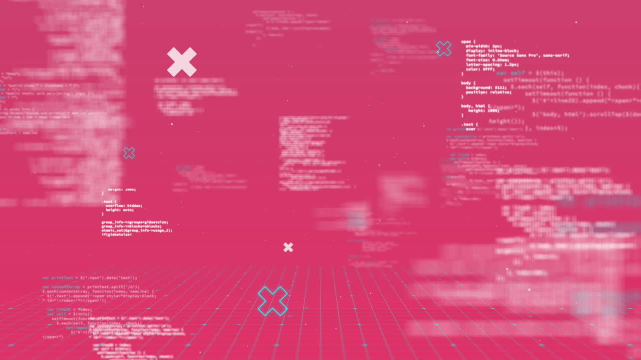 Animation of shapes and data processing on pink background