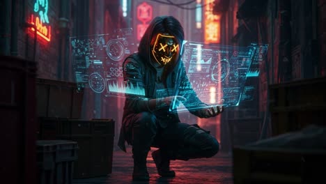 in a vibrant neon-lit alley under the cover of night, a cyberpunk character skillfully engages with a dazzling holographic interface