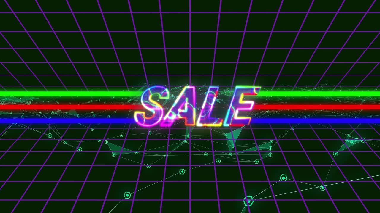光る文字「A」が現れ「SALE」に変化、ネオンバーがスライドし、ノードが脈動する小売広告。