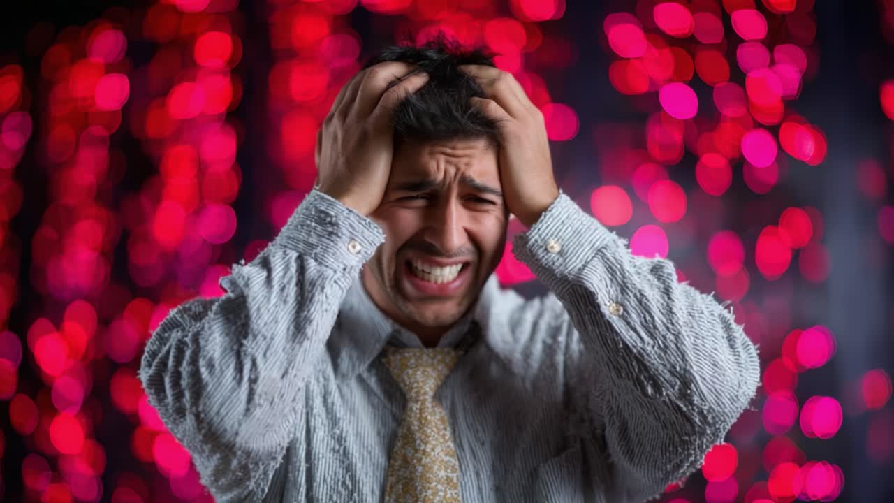 A Troubled Man in Distress: Capturing the Emotional Turmoil of a Frustrated Individual Amidst Blurred Colorful Lights in a Dramatic Scene