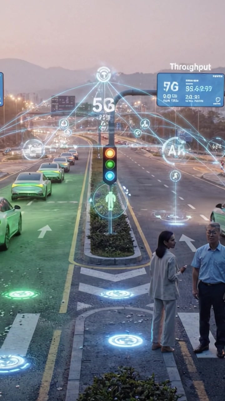 Esplorando il Futuro delle Smart City: Un incrocio moderno che mostra la connettività 5G con informazioni digitali sovrapposte al traffico e ai pedoni.