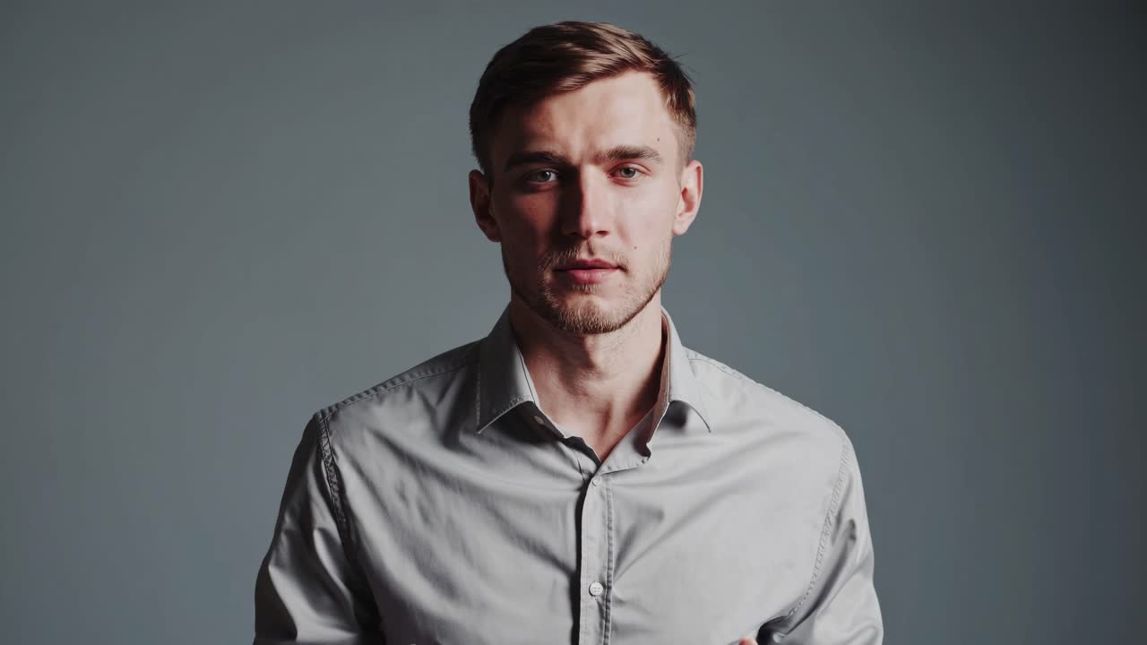 Un fermo immagine video mostra un uomo con una camicia grigia su uno sfondo semplice, ripreso da un'angolazione frontale.