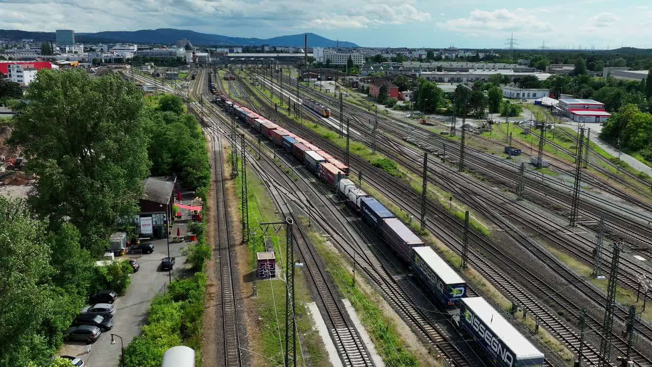Aerial view of railway lines and freight trains in Darmstadt, Germany