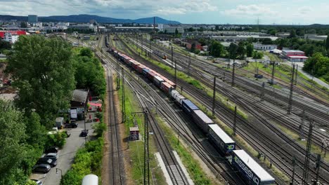 aerial view of railway lines and freight trains in darmstadt, germany