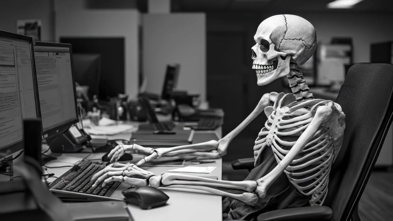 Skeleton Working on Computer at Office Desk