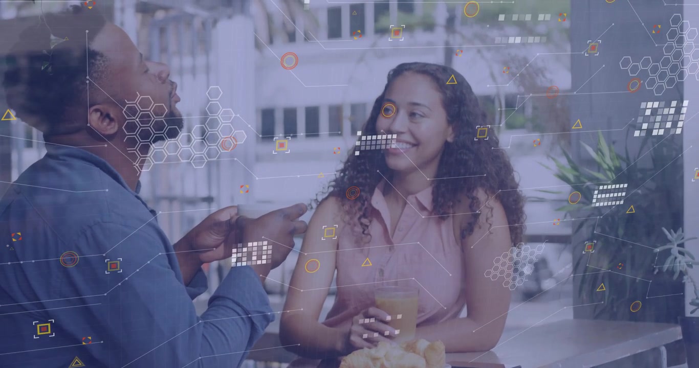 Pair arriving café, viewing smartphone content, sipping juice while tech graphics materializing
