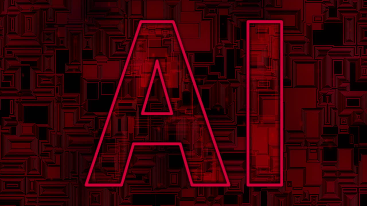 Animation of ai text over red shapes moving
