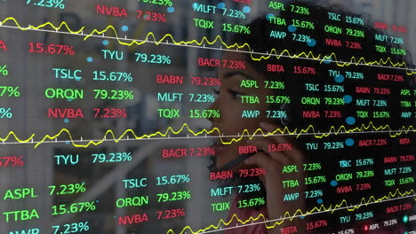 animation of financial data processing and statistics ove businesswoman