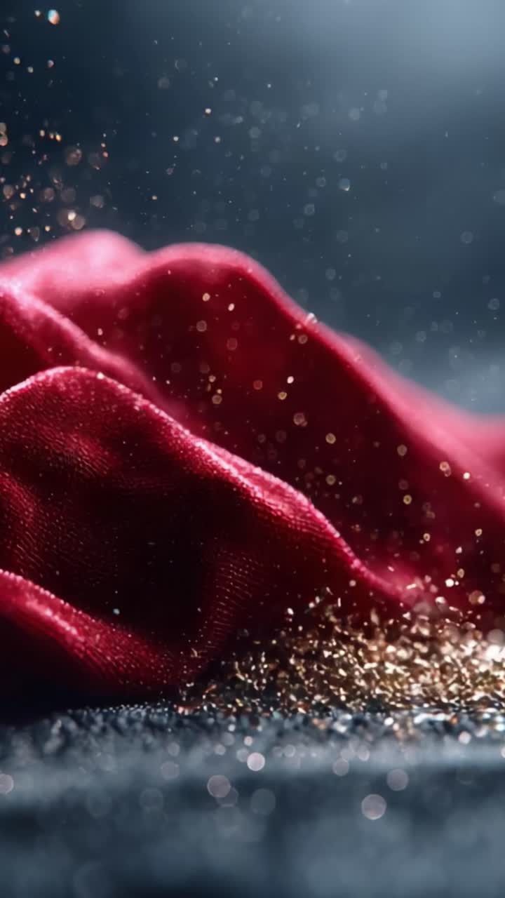 Accattivante primo piano di un lussuoso tessuto rosso drappeggiato su una superficie scintillante, che mette in mostra trame intricate e dettagli luccicanti