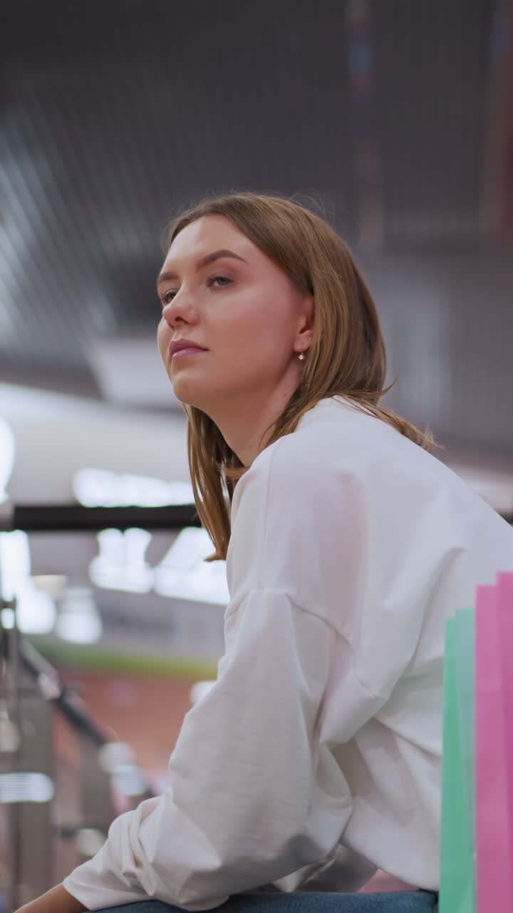 Young woman seated on bench in shopping mall surrounded by vibrant decor and shopping bags, gazing thoughtfully at illuminated surroundings with blurred festive lights