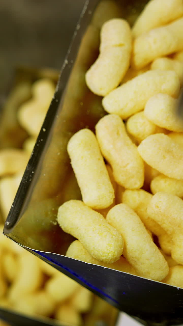 Vertical conveyor belt carries sweet corn snacks. Modern process of corn sticks production at food factory. Vertical video