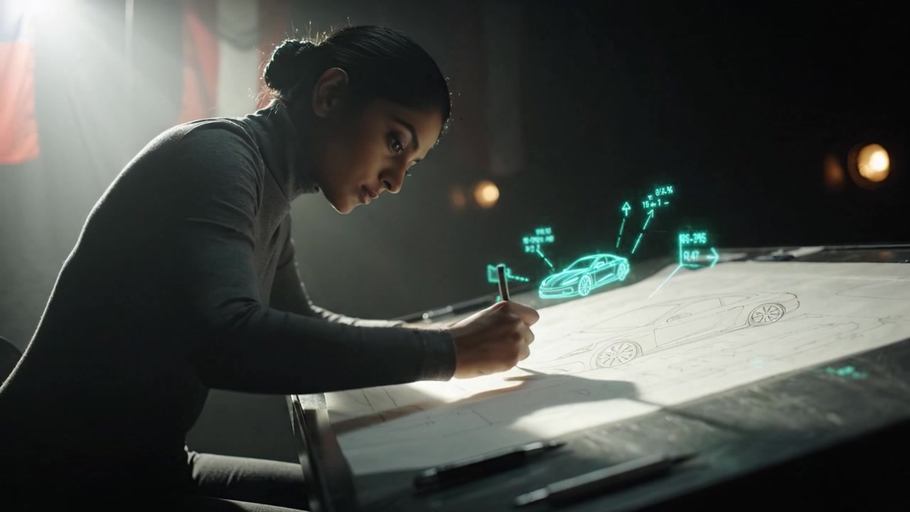 A focused artist meticulously sketches a futuristic car design with holographic projections illuminating her workspace, showcasing creativity and innovation.