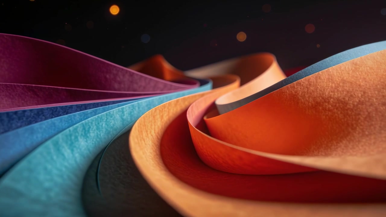 Camera moving right revealing layered curled paper sculpture in studio, showing texture and color