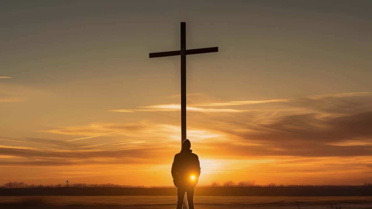 Man Contemplating at Sunrise by a Cross