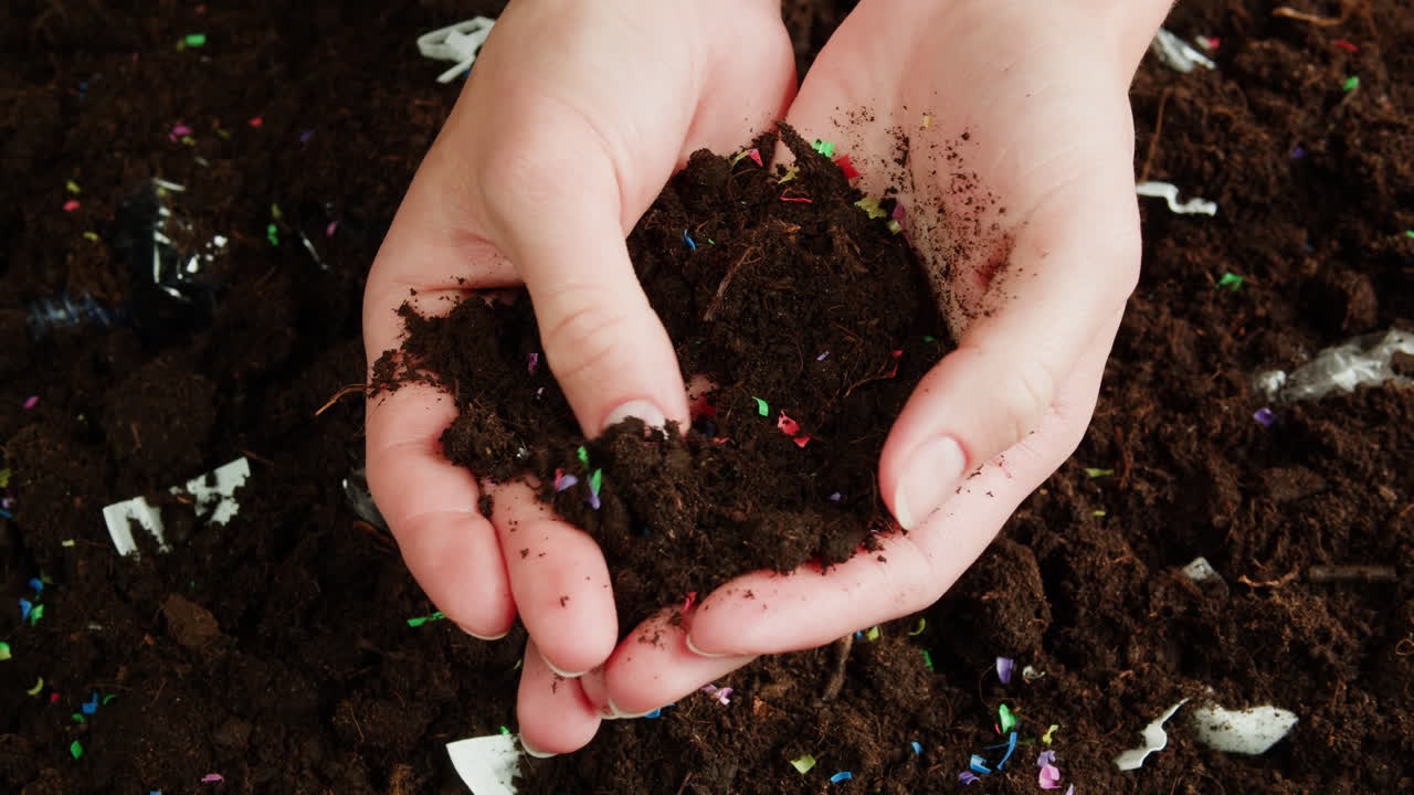 Mani che tengono terreno contaminato con plastica e altri detriti