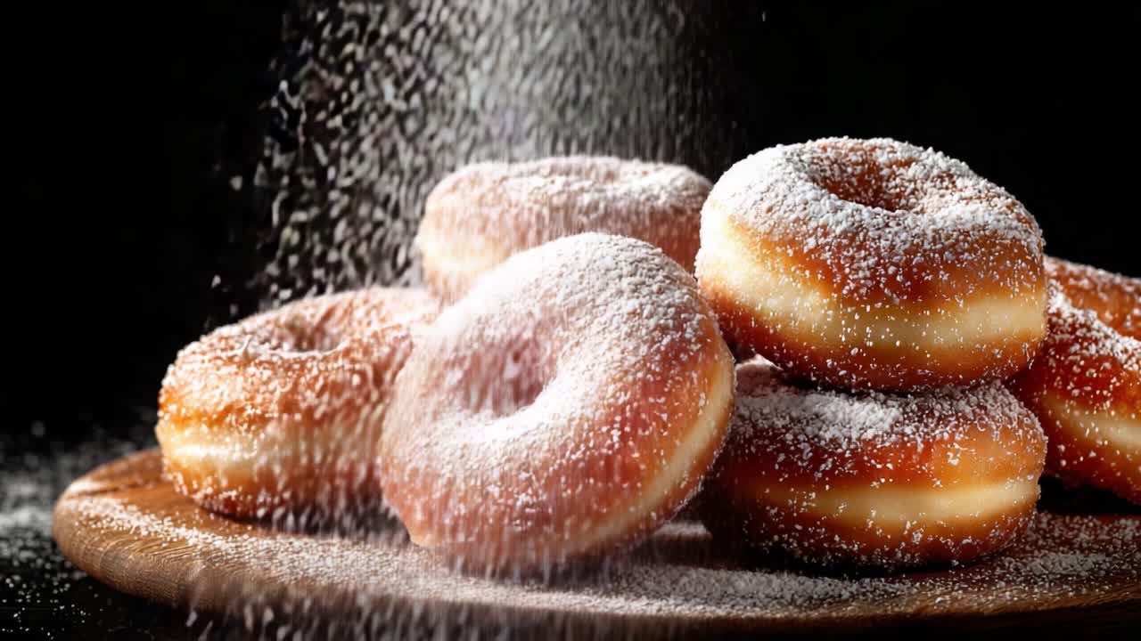 Koyu Bir Arka Plana Karşı Şeker Tozuyla Parıldayan, Ahşap Bir Tepsideki Lezzetli Bir Yığın Pudra Şekerli Donut, Tatlı İsteğinizi Tatmin Etmek İçin Mükemmel