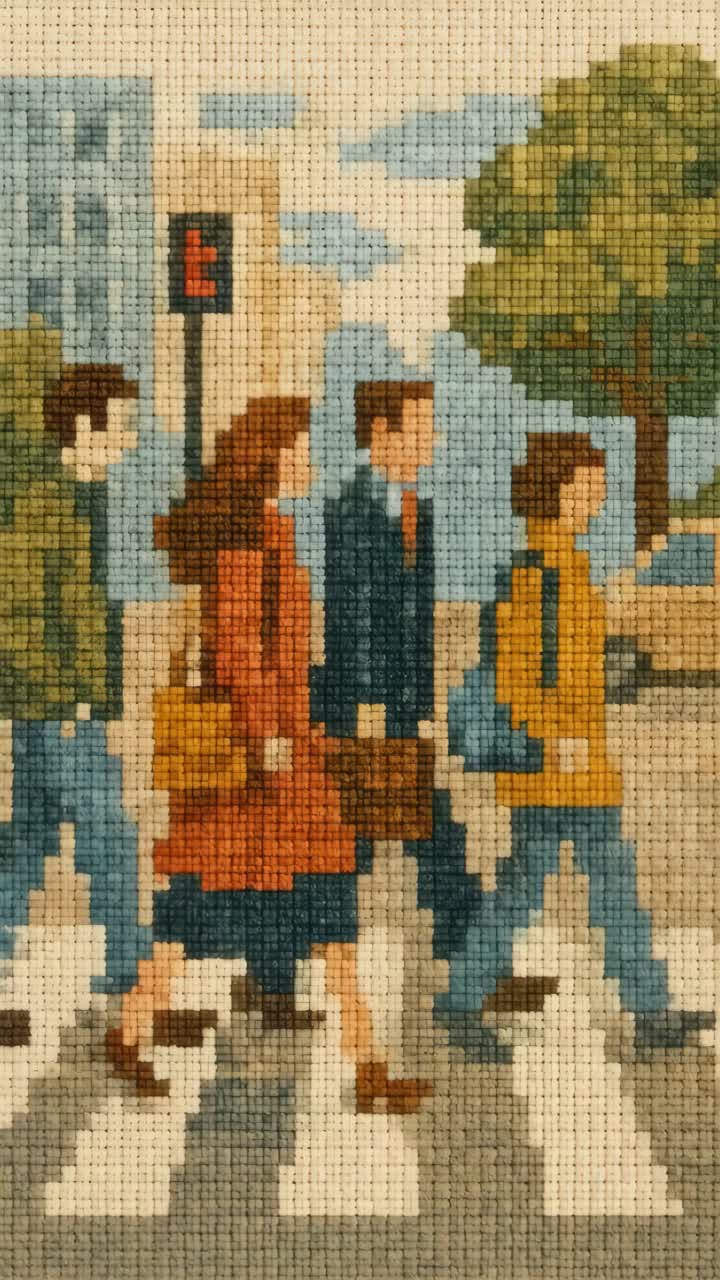 Pixel art style of people crossing a street, viewed from a side angle