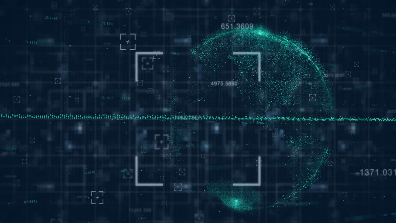 Animation of viewfinder and graph over globe and changing numbers against black background
