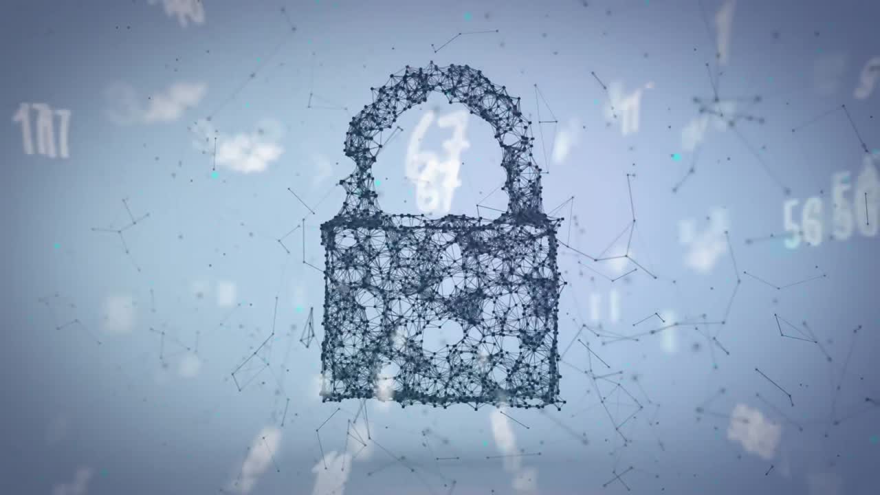 animación de números blancos y candado de red negro, a través de la red de conexiones en gris