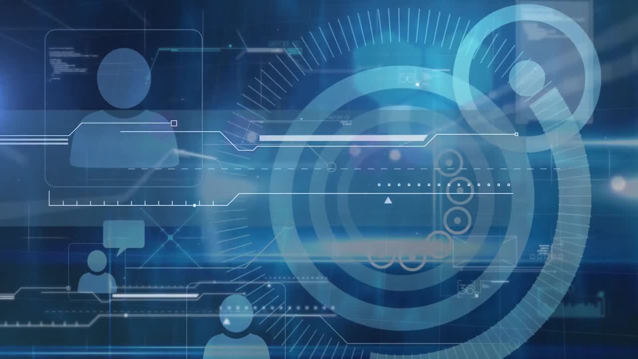 Animation of scopes scanning, data processing, digital icons and system analysing