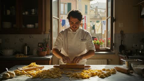 a passionate chef perfecting fresh pasta from scratch in a vibrant kitchen filled with natural light and culinary inspiration