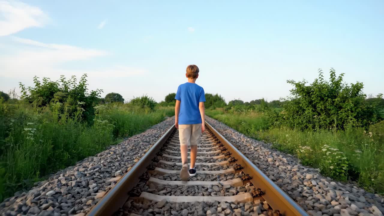 Boy Walking on Railroad Tracks