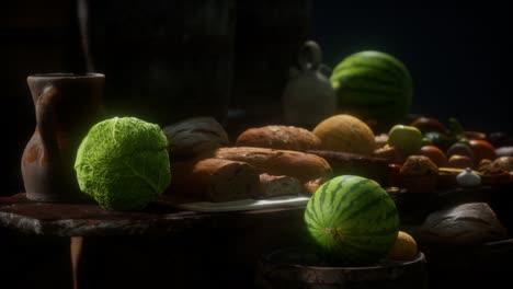 food-table-with-wine-barrels-and-some-fruits,-vegetables-and-bread