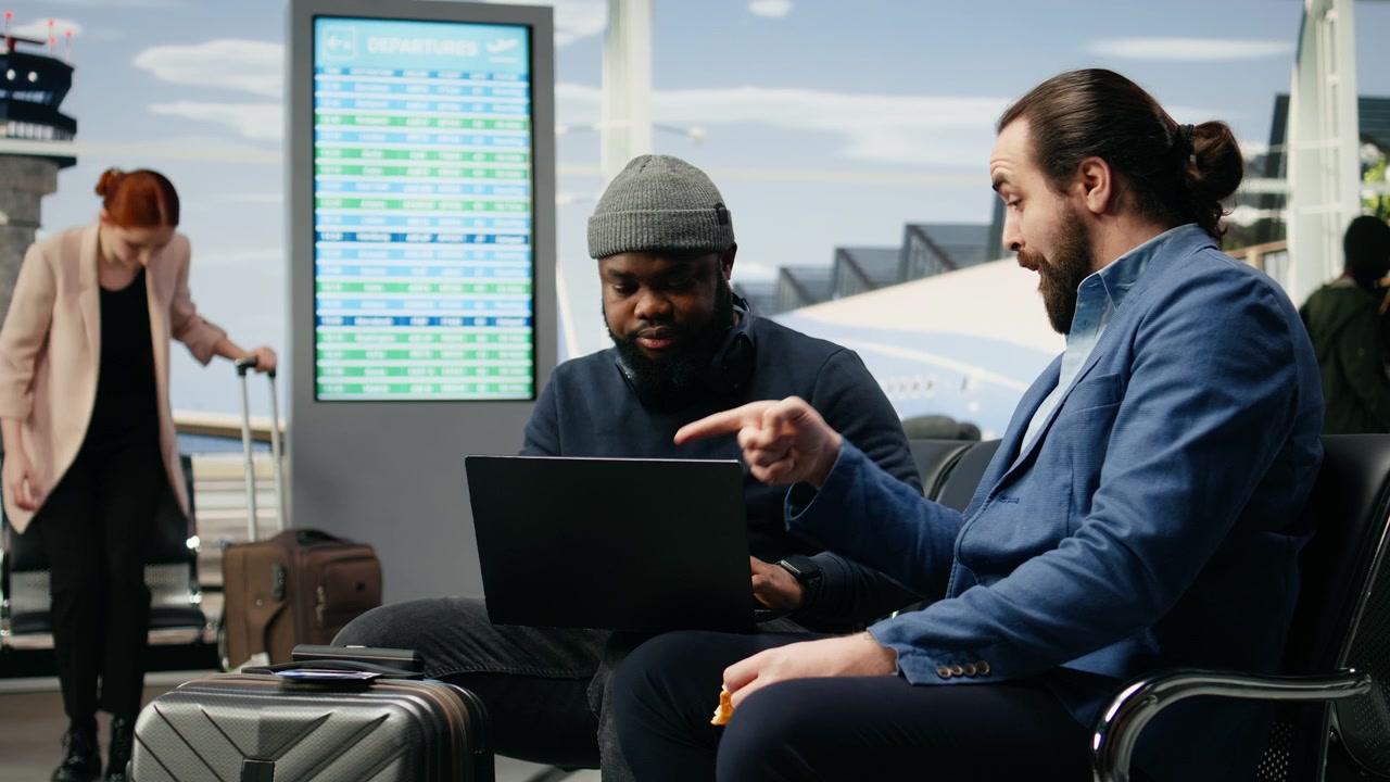 Team di consulenti eterogenei che digitano sul laptop nella sala d'attesa dell'aeroporto