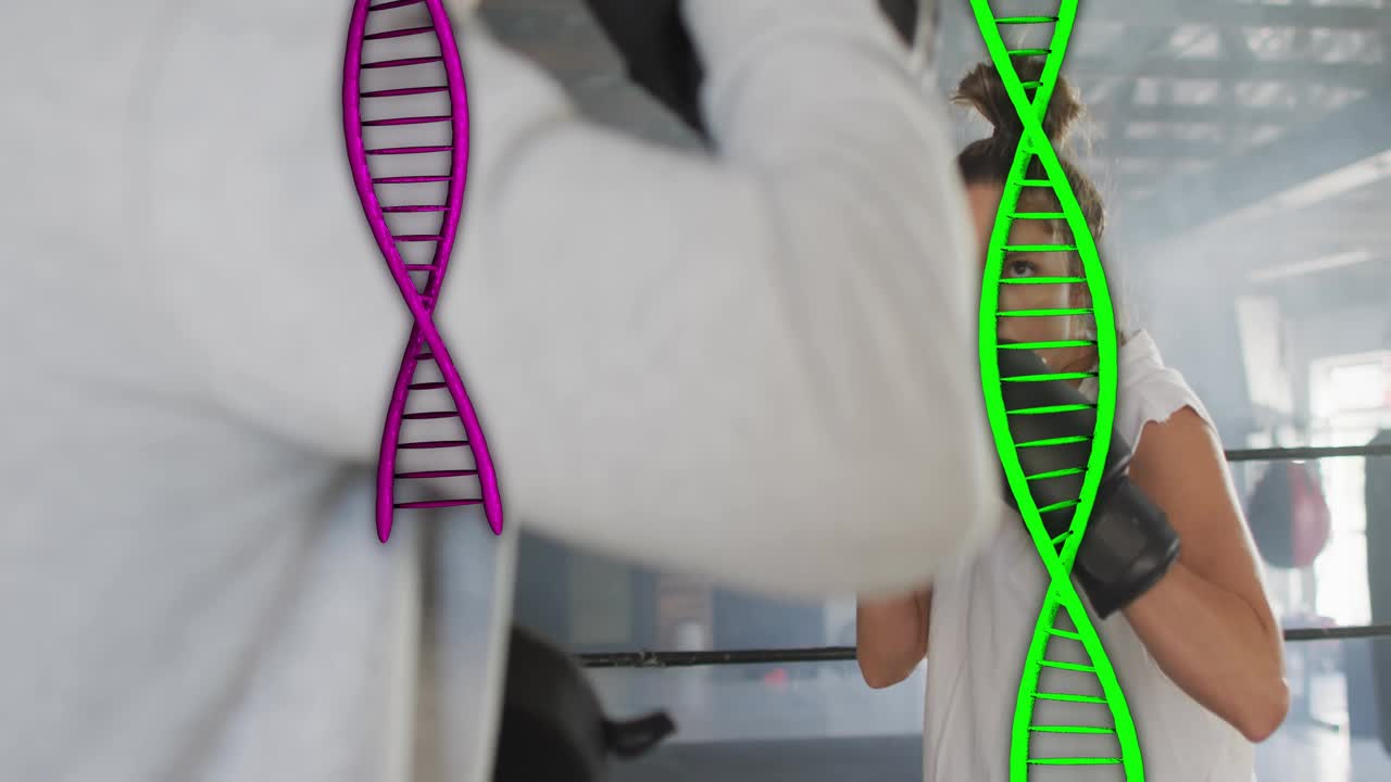 Coach holding mitts cueing boxer moving and throwing combo in training ring, DNA art showing timing