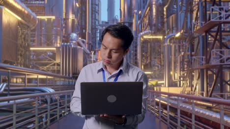 asian male professional worker standing with his laptop at a vast oil refinery, he is nodding his head with dissapionted