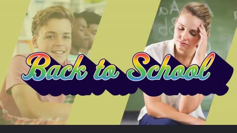 Animation-of-back-to-school-text-over-teacher-and-class